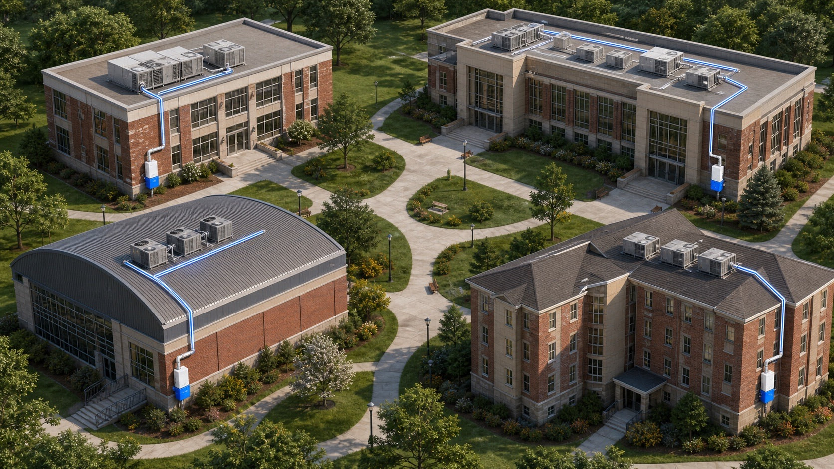 Educational campus with four separate building condensate systems, each terminating at its own Unclog unit