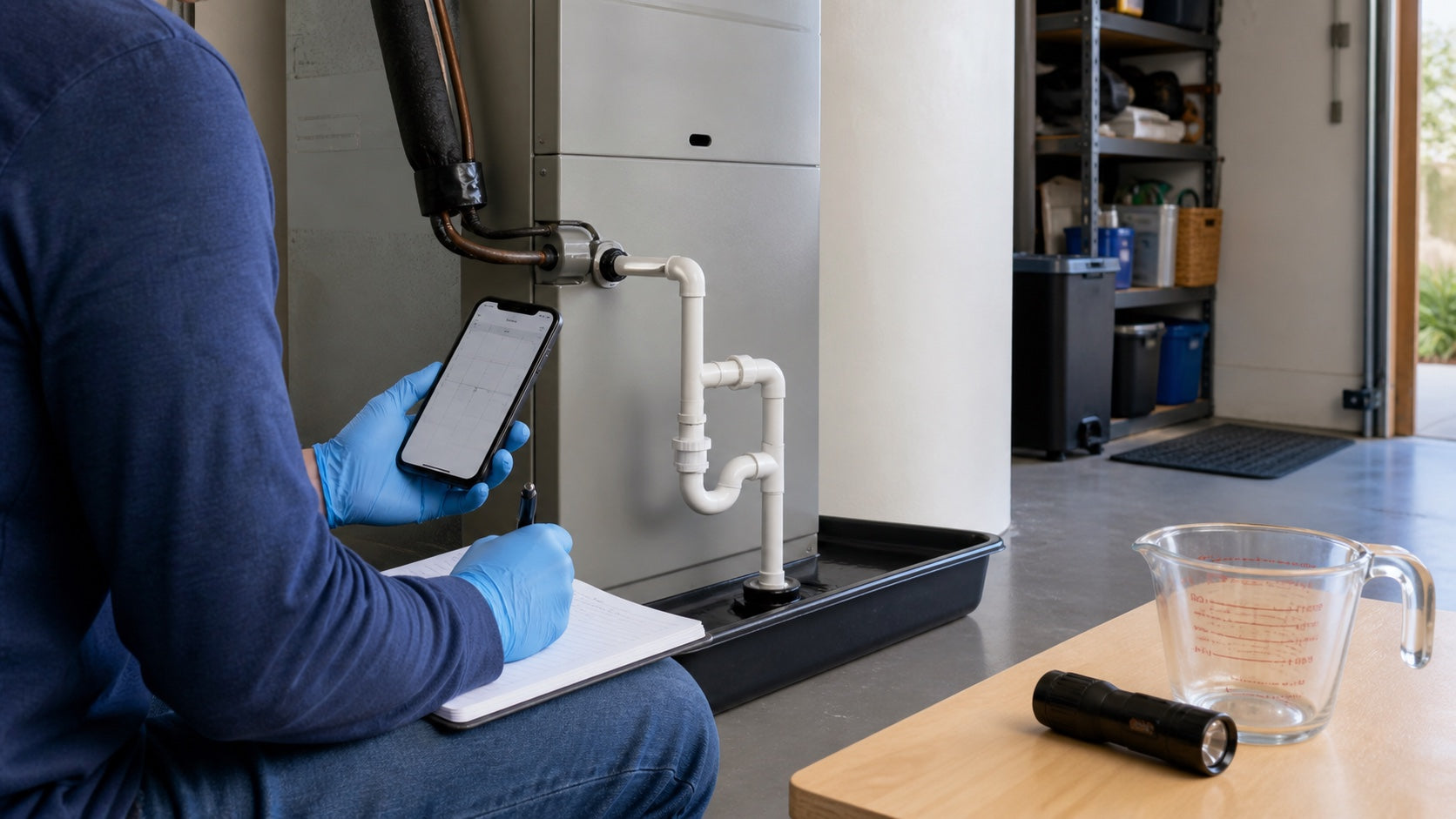 Homeowner recording a safe seasonal visual inspection of an A/C condensate drain, service access, and auxiliary pan