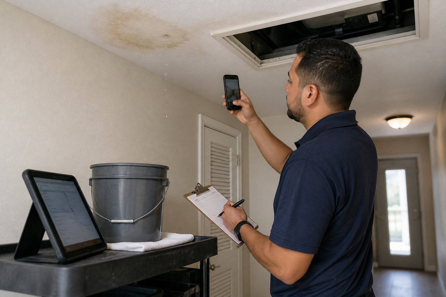 Apartment maintenance technician photographing and documenting a contained ceiling leak for a work order