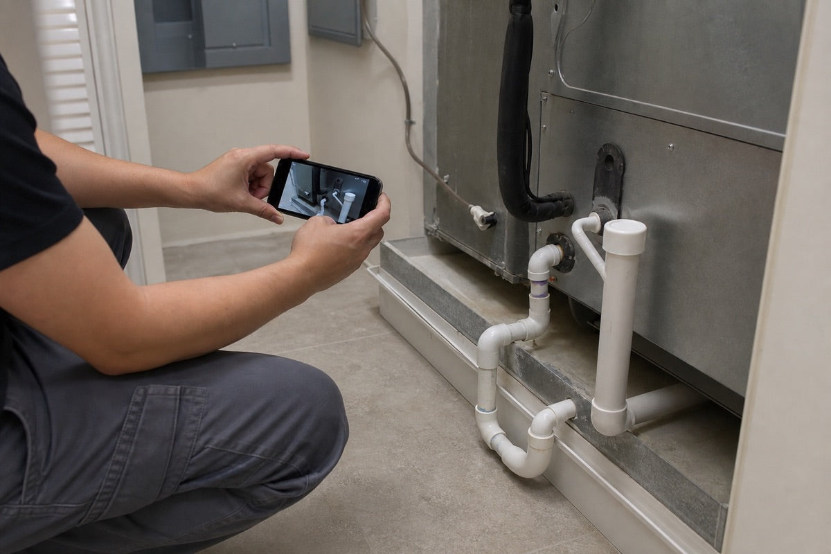 Condominium maintenance technician photographing an accessible air-handler condensate trap and cleanout for the building record