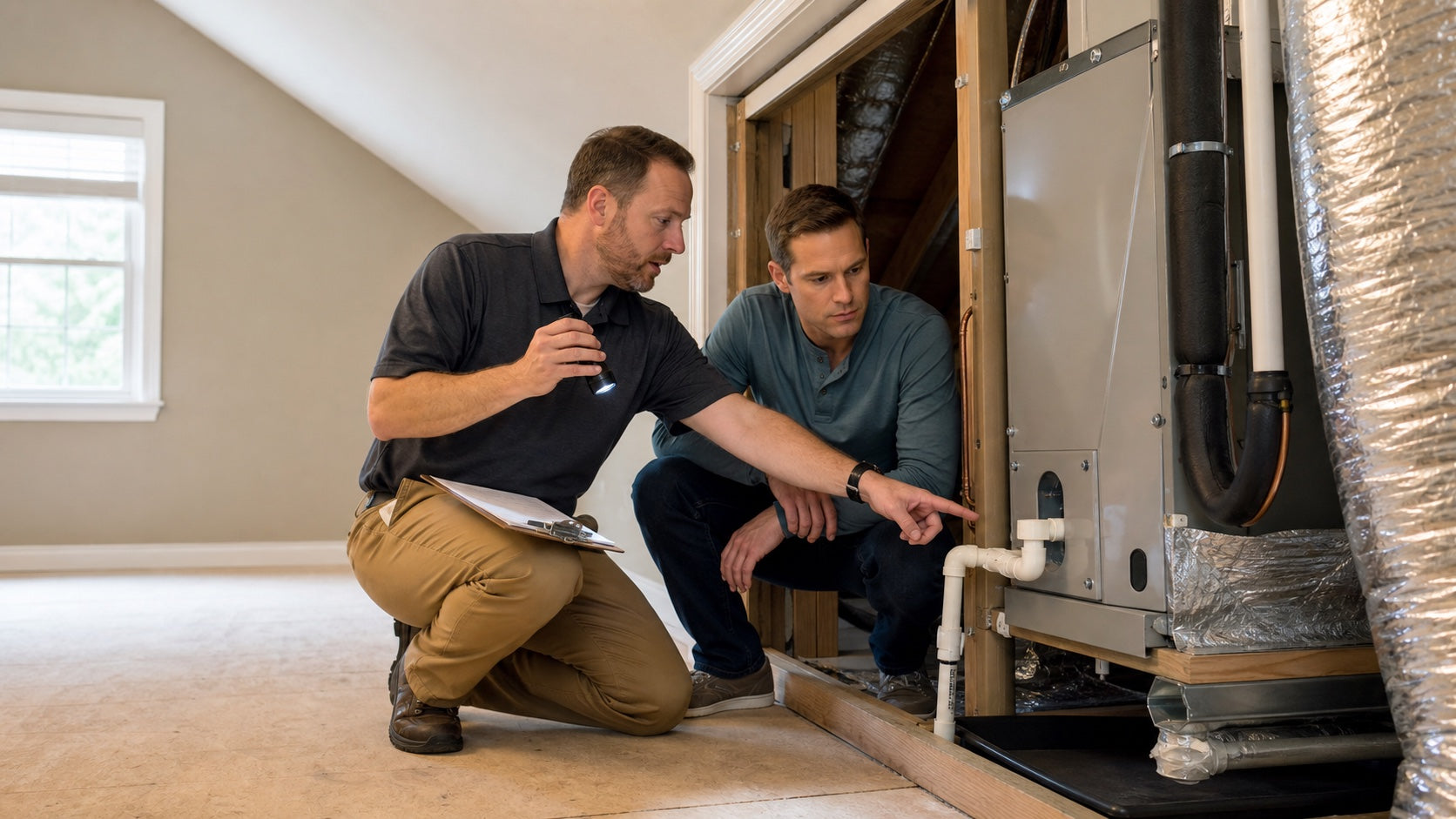 Home inspector showing a prospective buyer the air handler and condensate drain during a pre-purchase inspection