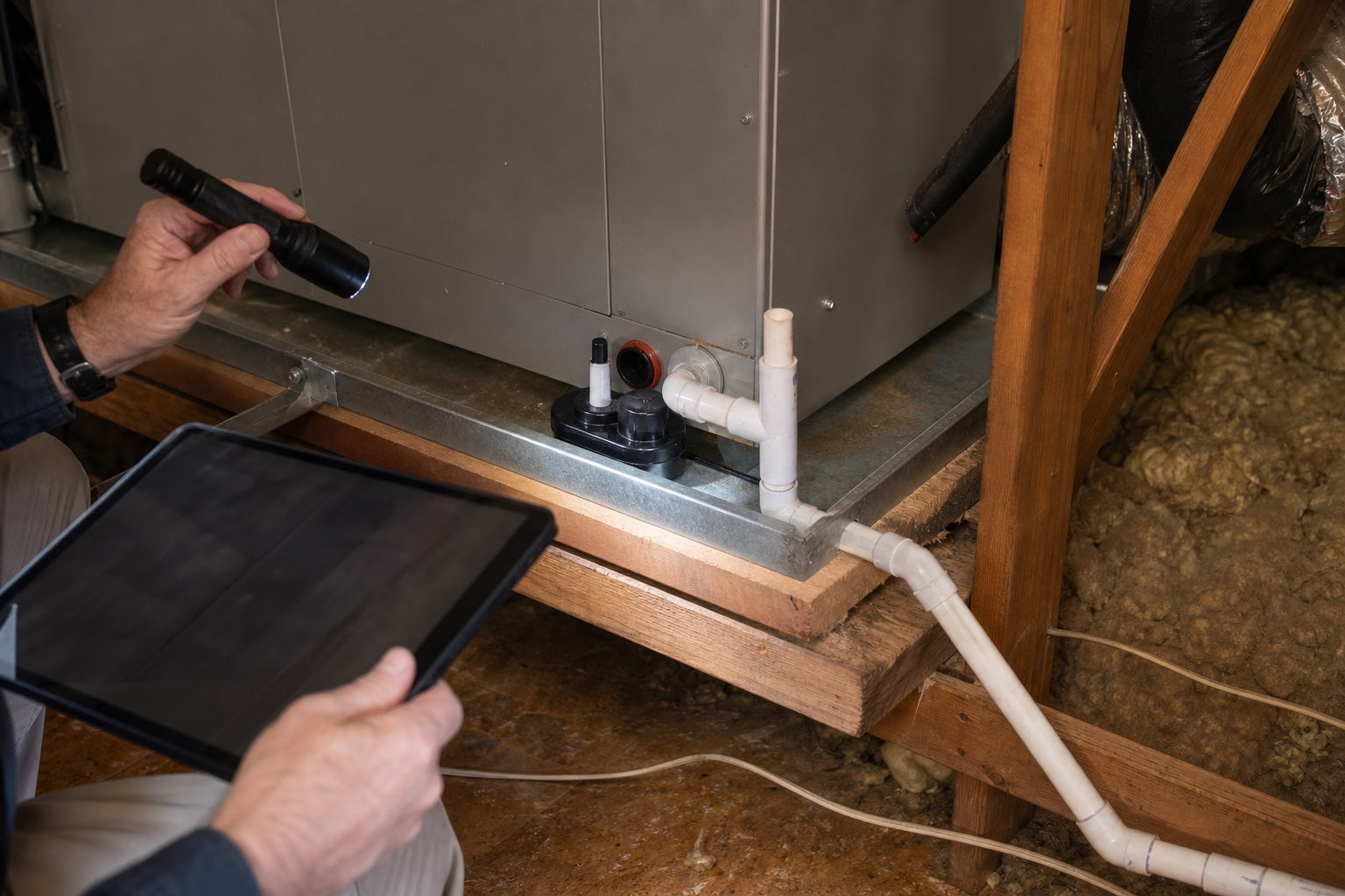Home inspector documenting a residential drain pan, float switch, and condensate piping during a buyer inspection