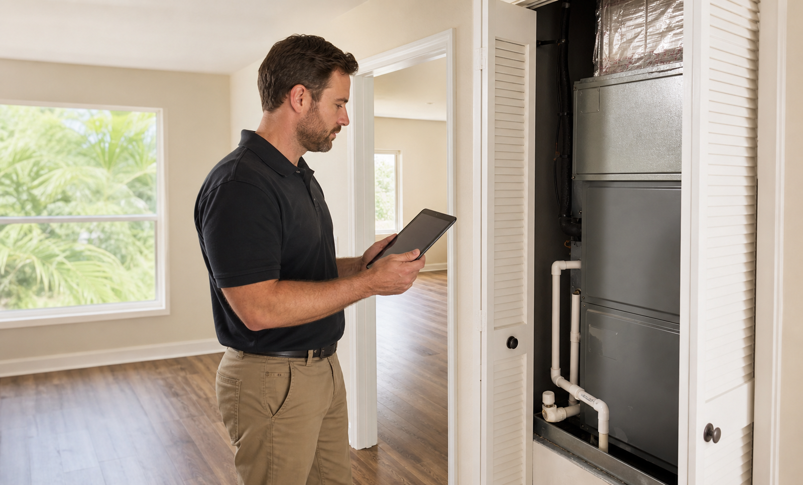 Property manager documenting an air handler and condensate drain in an empty rental home between tenants
