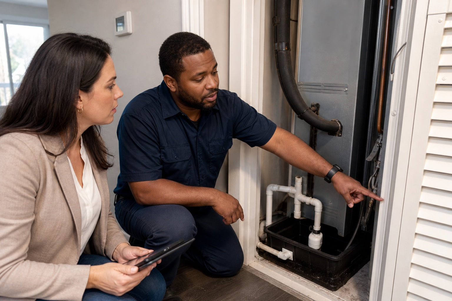 Apartment maintenance technician and property manager reviewing an air handler and condensate drain during a water-leak work order