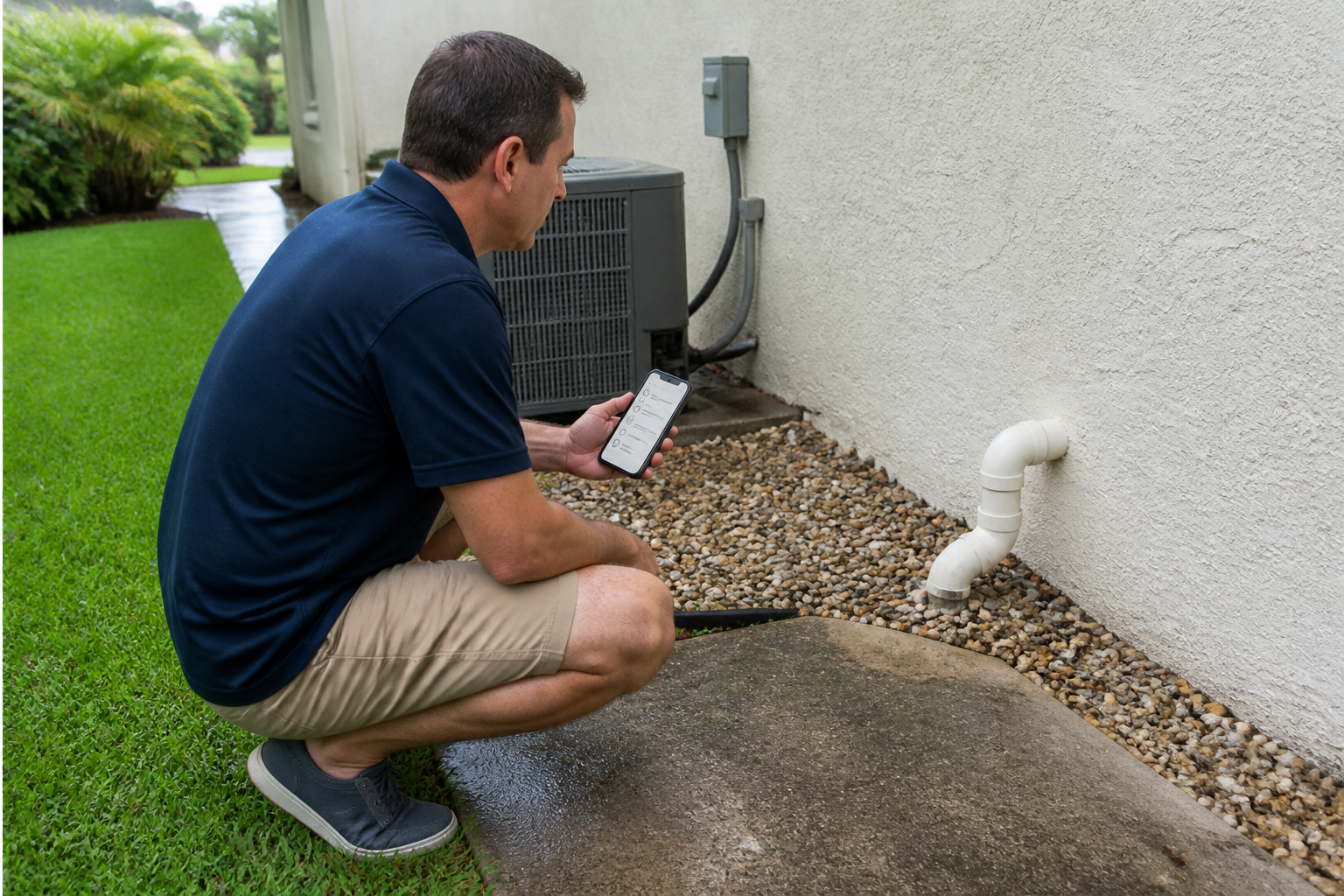 Home-watch caretaker visually checking a clear outdoor A/C condensate drain outlet beside a Florida house