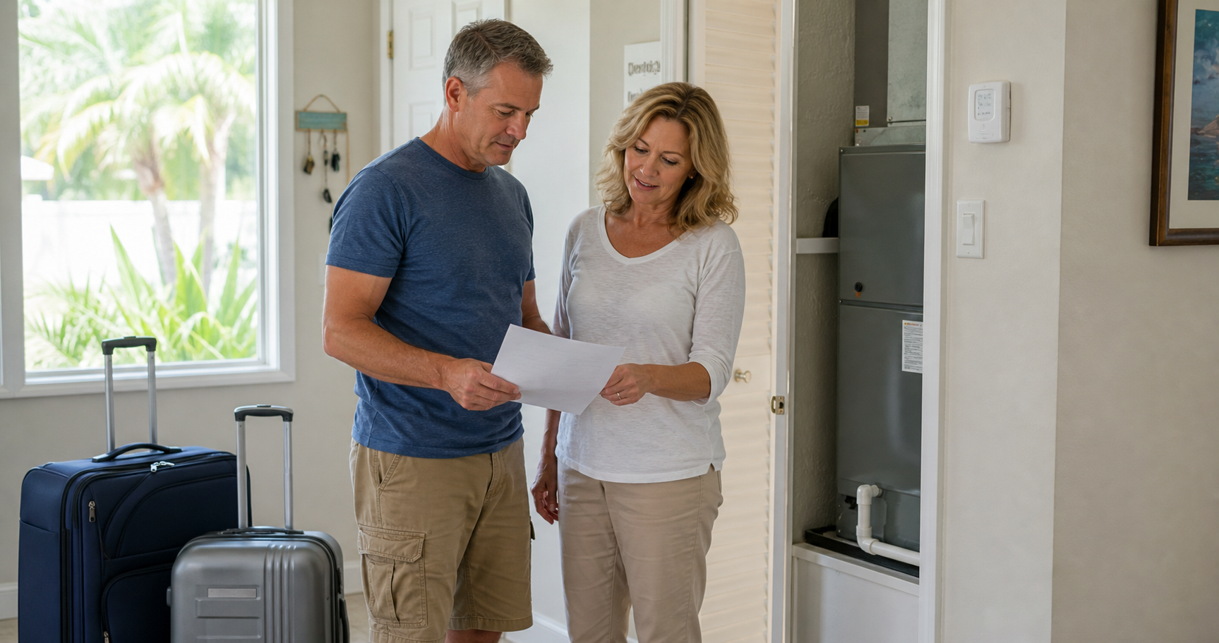 Seasonal homeowners reviewing a departure checklist beside their residential air handler before leaving Florida
