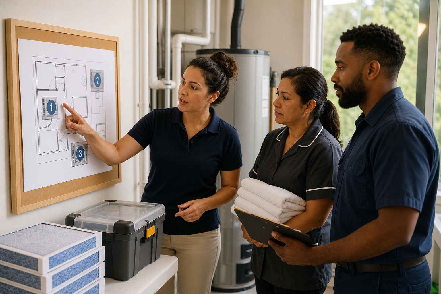 Vacation rental turnover team reviewing a map of three numbered A/C systems