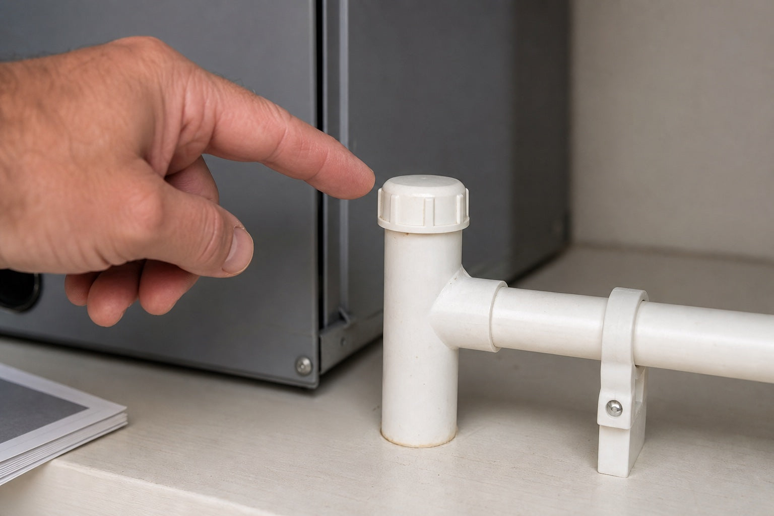Technician pointing to a capped vertical A/C condensate drain service cleanout beside an air handler